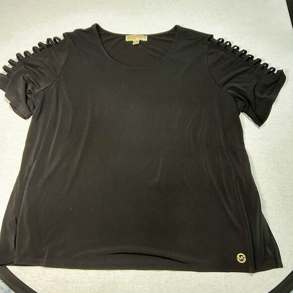 MICHAEL KORS TOP WOMENS 3X PLUS BLACK OPEN LADDER SHORT SLEEVE GOLD LOGO STRETCH - Picture 1 of 4